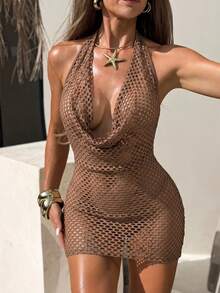 SHEIN Swim 女款度假風垂領透視性感熱帶掛脖綁帶罩衫洋裝，巧克力棕色，適合海灘派對夏季穿著 - 咖啡棕 - 查看 5