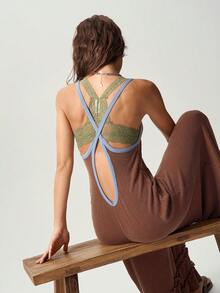Bohemela Casual Knit Colorblock Women's Jumpsuit Vacation Brown Striped Summer - Chocolate Brown - View 2