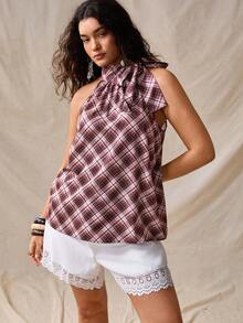 Nubod Plus Size Halter Tie Bow Plaid Sleeveless Shirt Evening Vacation Burgundy Summer Elegant - Brown - View 4