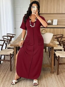 Weeklong Plus Size Women V-Neck Striped Dual Pocket Ruched Slit Hem Casual Knit Dress, Spring/Summer - Burgundy - View 8