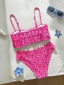 Swim Mod طقم ملابس سباحة نسائي بطبعات زهرية وكشكشة لطيفة وحلوة بطراز عتيق وكاجوال للعطلات والشاطئ والساحل - وردي - مشاهدة 6