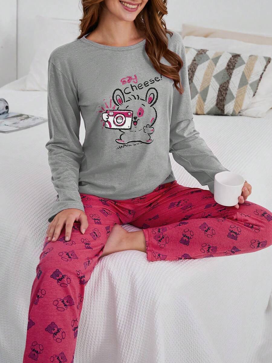 SHEIN Cottnline 100 Cotton 2Pcs Animal Printed PJ Set Sleep Grey Dark Pink Autumn Cute Kawaii - Grey - View 1