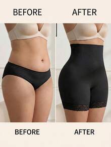 SHEIN CURVE+ 女款大尺碼蕾絲拼接高腰塑形短褲 (1件) - 黑色 - 查看 2