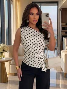 Structelle Women's White And Black Polka Dot Asymmetric Neckline Side Drawstring Ruched Fashion Top Brunch Date Summer French Elegant - Multicolor - View 8