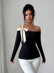 Selianne Camiseta de mujer nueva primavera/otoño con hombros descubiertos, manga larga, de punto, cintura elástica, ajuste ceñido, con lazo de color contrastante, diseño francés elegante y exquisito - Negro - Ver 5
