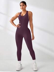 SHEIN Sports 女款無袖性感運動連身褲 - Red Plum - 查看 2