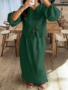 Weeklong 大尺碼女款純色前綁帶燈籠袖上衣與裙子休閒兩件套 - 墨綠色 - 查看 4