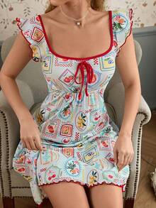 CottageSlumber Romantic Women's Knitted Fruit Print Ruffle Trim Nightgown - Multicolor - View 4