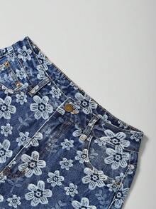 GlowEve Jeans casuales de mujer con pierna ancha y estampado jacquard - Azul lavado medio - Ver 3