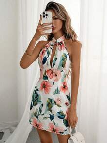 SHEIN PariChic Vestido corto sin mangas para mujer de verano con estampado floral, cuello halter con lazo estilo chino, cuello alto y cintura ceñida, elegante y favorecedor para citas, fiestas y uso casual - Multicolor - Ver 4