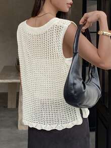 Yunfilé Women's Solid Color V-Neck Hollow Out Casual Daily Tank Top, Summer Occasion Cream White - Apricot - View 2