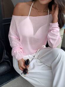 Yunfilé Women's Asymmetrical Neck Sheer Knit Sweater, Minimalist Solid Color, Suitable For Spring, Summer, Autumn, Beach Night Out, Vacation Light Pink - Pink - View 4