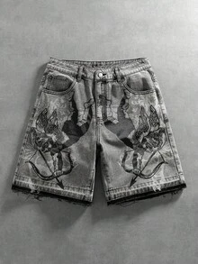 ROMWE MEN Street Life Men's Distressed Vintage Cupid Print Denim Shorts - Black - View 1