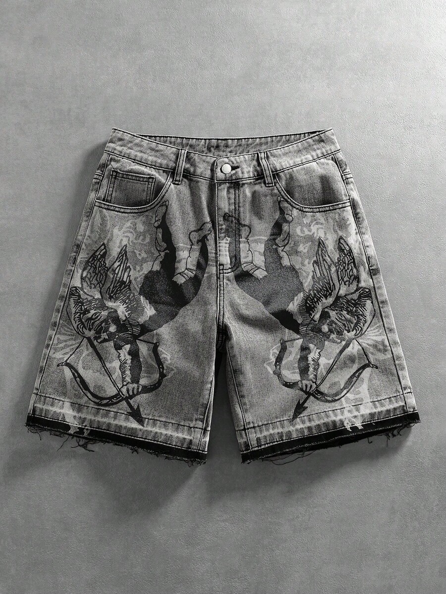 ROMWE MEN Street Life Men's Distressed Vintage Cupid Print Denim Shorts - Black - View 1