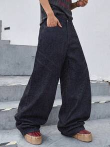 Manfinity EMRG Men's Pocket Button Casual Versatile Daily Travel Wide Leg Jeans - Black - View 5
