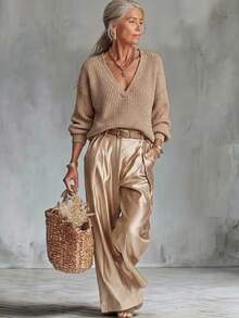 SHEIN Women's Solid Color V-Neck Drop Shoulder Long Sleeve Casual Sweater - Khaki - View 4