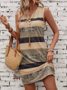 EMERY ROSE Vacation Casual Colorblock Striped Dress, Random Print - Apricot - View 3