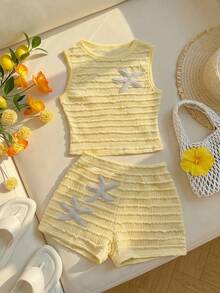 SHEIN Tween Girls Kids Casual Vacation Cream Dopamine Color Palette Sweet Knit Textured Striped Cute Starfish Decor Preppy Style Sleeveless Casual Tank Top & Shorts 2-Piece Set, Y2K Young Fashion Outfit, Summer Vacation Travel, Suitable For Back To School, Holiday Family Outdoor Autumn Picnic, Daily Wear, Spring/Summer Clothing, Beach Outfit, Commute, Elegant, Beach, Bohemian, Hawaii, Music Festival, Yellow Knit Set - Yellow - View 1