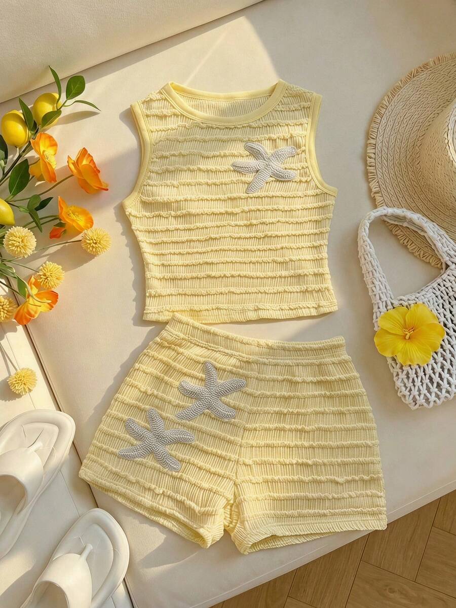 SHEIN Tween Girls Kids Casual Vacation Cream Dopamine Color Palette Sweet Knit Textured Striped Cute Starfish Decor Preppy Style Sleeveless Casual Tank Top & Shorts 2-Piece Set, Y2K Young Fashion Outfit, Summer Vacation Travel, Suitable For Back To School, Holiday Family Outdoor Autumn Picnic, Daily Wear, Spring/Summer Clothing, Beach Outfit, Commute, Elegant, Beach, Bohemian, Hawaii, Music Festival, Yellow Knit Set - Yellow - View 1