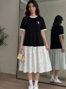 Teen Girl College Style Patchwork Dress, Grey Knit Top As Main Body, Paired With Fresh Blue And White Striped Collar And Cuffs, Overall Style Is Fresh And Youthful, Suitable For Daily Commute Or Casual Outings. Teen Girl - Black - View 1