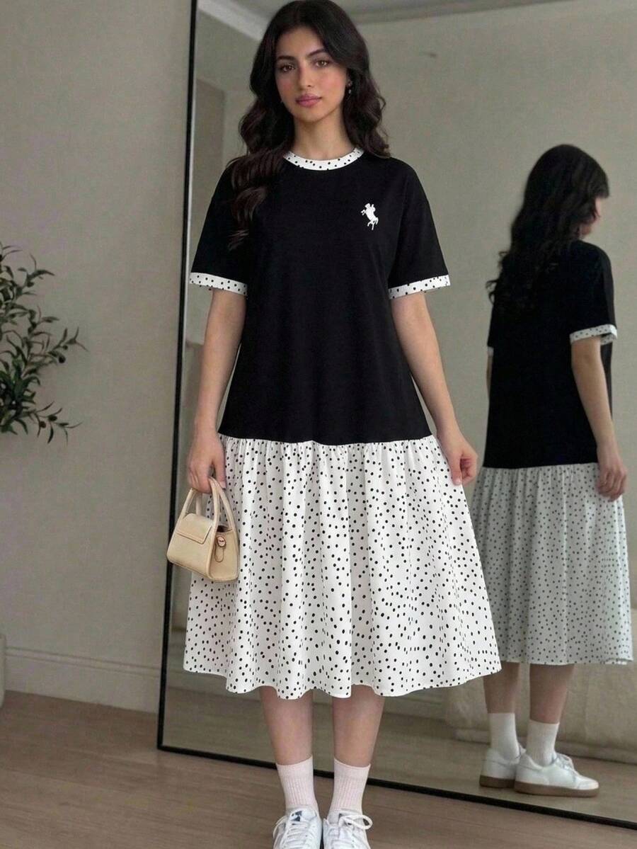 Teen Girl College Style Patchwork Dress, Grey Knit Top As Main Body, Paired With Fresh Blue And White Striped Collar And Cuffs, Overall Style Is Fresh And Youthful, Suitable For Daily Commute Or Casual Outings. Teen Girl - Black - View 1