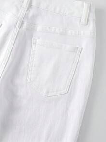 EMERY ROSE Plus Size Women's Casual Versatile Daily Travel Denim Flare Jeans With Pockets, Buttons And Pleats - White - View 3