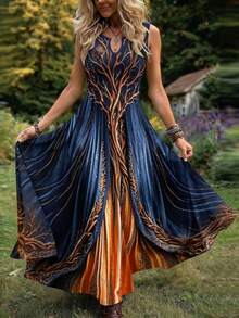 Linhara CURVE Plus Size Women's Vintage Tree Of Life Print Notched Neck Sleeveless Maxi Dress, Loose Casual Bohemian Long Dress, Mysterious Navy Blue To Burnt Orange Gradient Dress, Elegant Gothic Style Flowy Long Dress For Autumn And Halloween - Multicolor - View 4