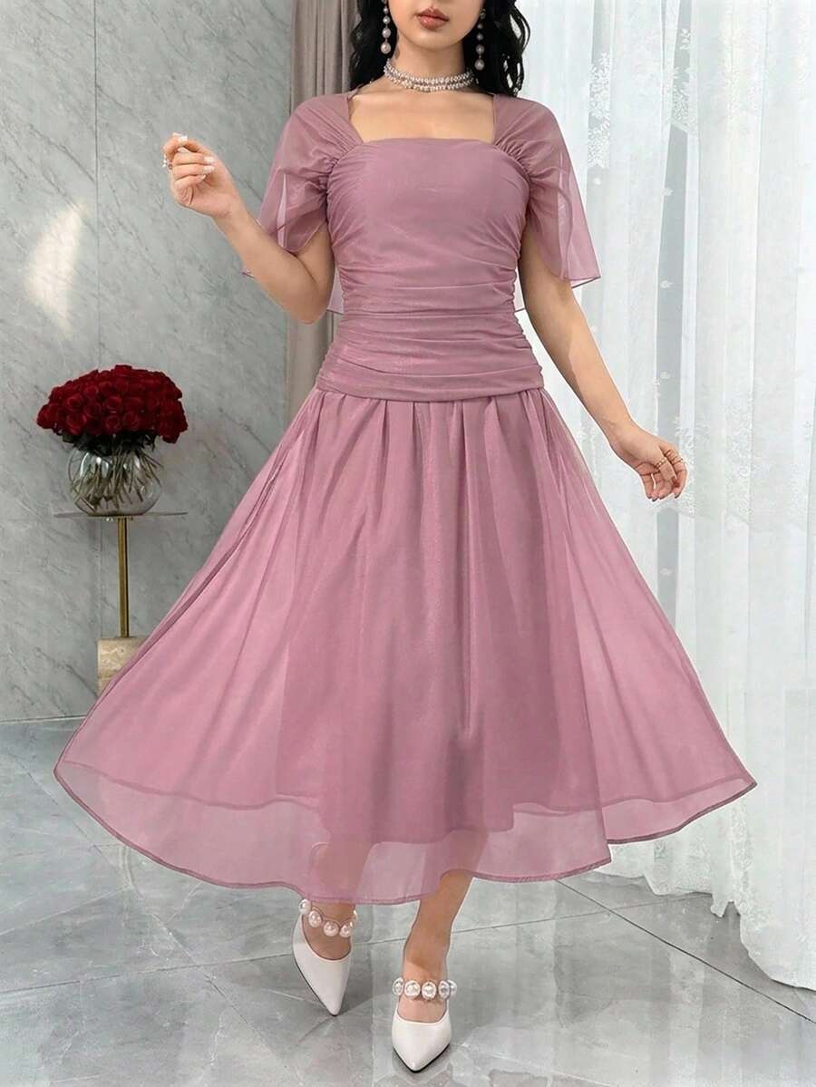 Feyla Women's Summer Elegant Solid Color Midi Dress - Dusty Pink - View 1