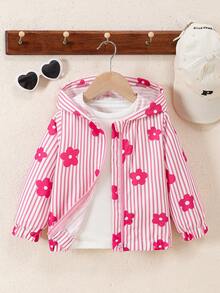 SHEIN Elladie kids 女童條紋花卉印花連帽休閒日常長袖外套 - 粉色 - 查看 4