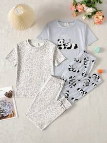 SHEIN 青少年女孩休閒極簡修身舒適圓領短袖長褲家居服套裝，4件套，可愛卡通熊貓印花與時尚豹紋灰色印花，適合四季穿著 - 淺灰色 - 查看 3
