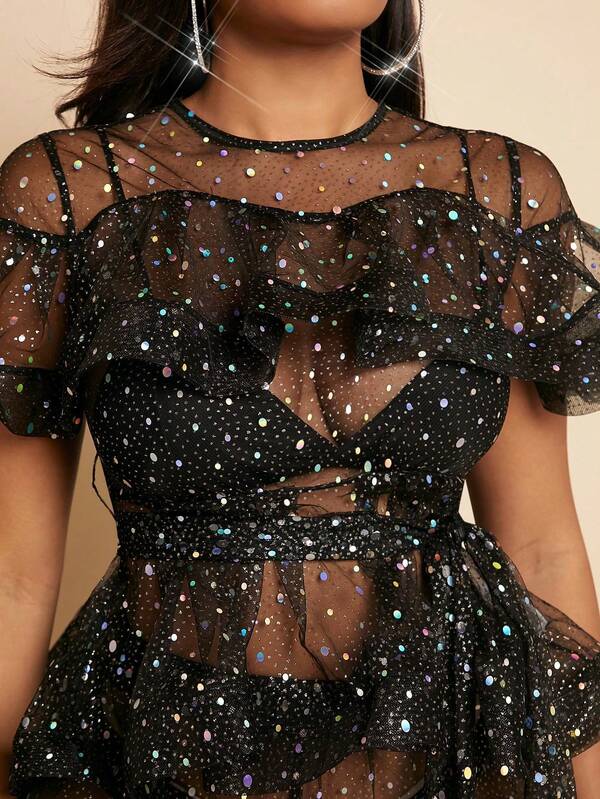 SHEIN SXY Sequin Detail Sheer Belted Top & Wide Leg Pants Set Without Lingerie Set