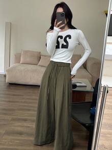 DAZY 女款純色寬鬆寬腿長褲，鬆緊腰，休閒夏季長褲 - 綠色 - 查看 3