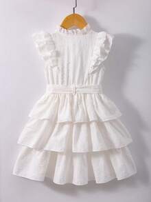 Elladie kids Vestido de niña con mangas cortas, cinturón y volantes en el bajo, de unicolor - Blanco - Ver 2