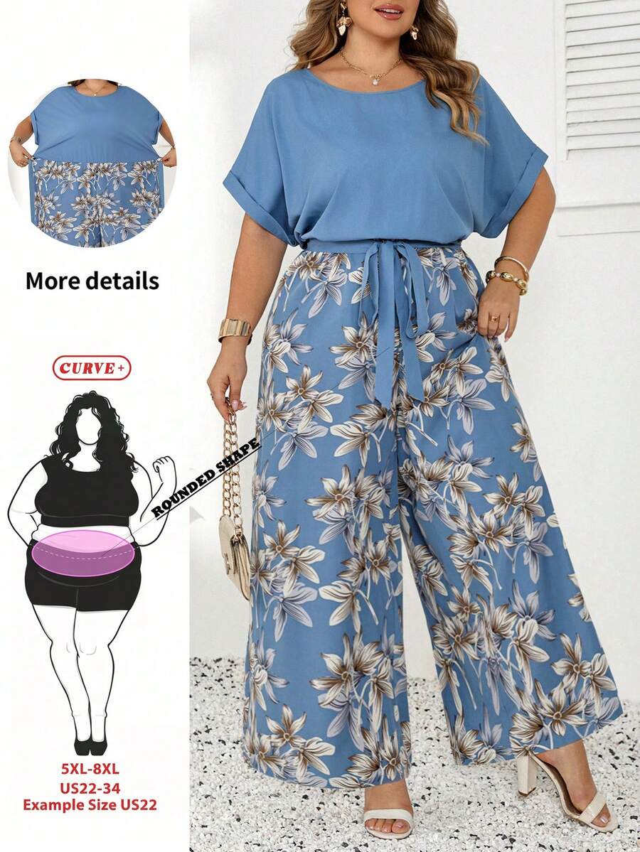 SHEIN CURVE+ 大尺碼優雅圓領連身褲,附腰帶與寬腿印花褲,適合夏季度假、波希米亞風、聖托里尼風及其他場合,亦可作為兩件式休閒套裝穿著,春夏流行款,最新款,早午餐風等多樣選擇 - 淺藍色 - 查看 1