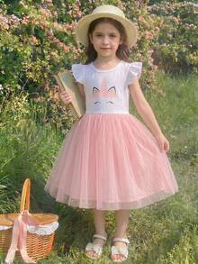 SHEIN Glamorique Kids 小女童獨角獸印花網紗拼接連衣裙 - 彩色 - 查看 5