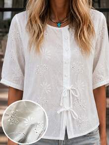 SHEIN Holidaya Women's Hollow Embroidered Tie Decor Blouse White Floral Summer Bohemian Cottagecore Boho Vacation - White - View 1
