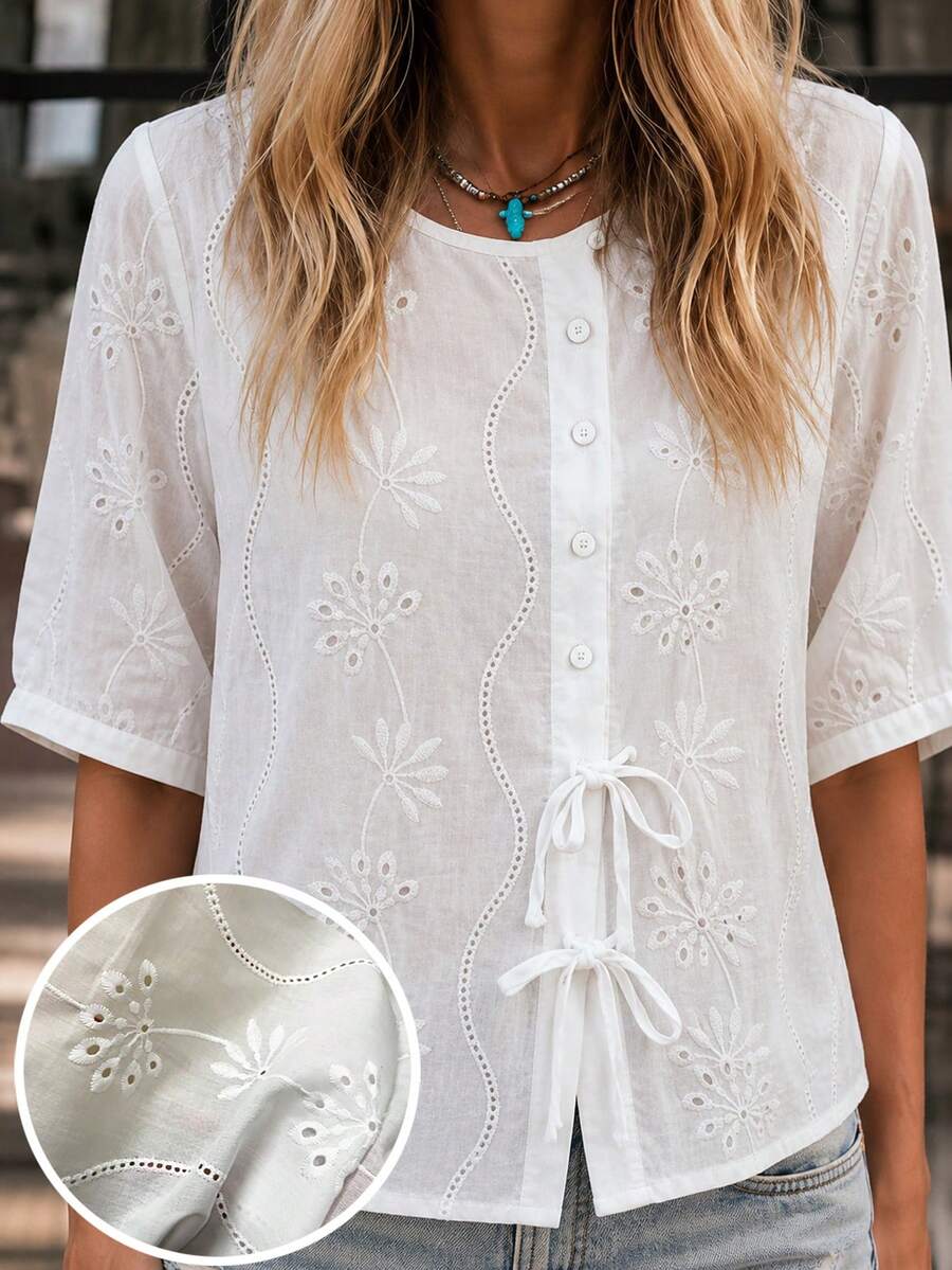 SHEIN Holidaya Women's Hollow Embroidered Tie Decor Blouse White Floral Summer Bohemian Cottagecore Boho Vacation - White - View 1