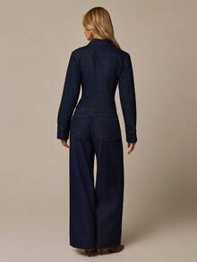 COSMINA Denim 女款長袖單排扣襯衫與長褲休閒牛仔套裝 - 藍色 - 查看 2