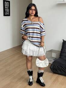 Coolane 女款大尺碼夏秋復古街頭風休閒優雅寬鬆藍色條紋針織不對稱領短袖T恤 - 藍白色 - 查看 5