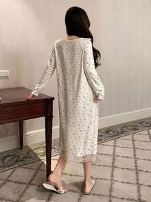 DAZY 甜美花卉蕾絲飾邊長袖寬鬆長洋裝 夏季女款睡裙 - 米色 - 查看 2