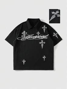 ROMWE MEN Street Life 2026春夏新款重磅刺繡毛巾布泡泡感男士 Polo 衫，翻領休閒時尚短袖上衣 - 黑色 - 查看 3