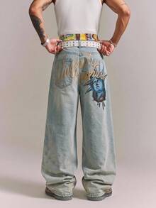 CRAVYNX Men Vintage Streetwear Fashion Versatile Distressed Rivet Design Statue Of Liberty Letter Print Loose Wide Leg Casual Jeans - Blue - View 5
