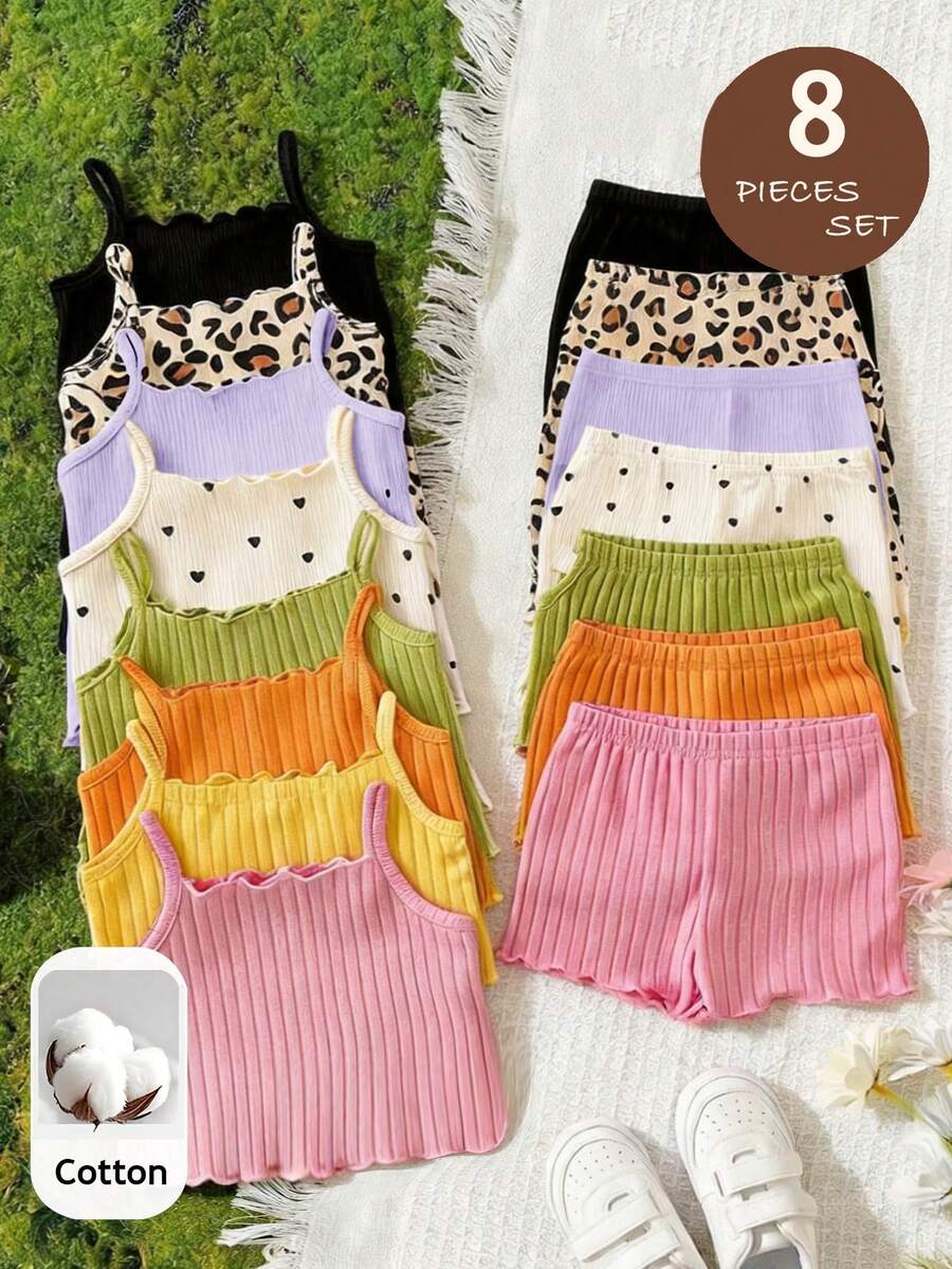 SHEIN LMoss Kids 女童 8件組針織細肩帶背心上衣與鬆緊腰短褲套裝 - 彩色 - 查看 1