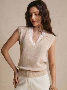 CielaLinda Women's Knit Sweater Vest Top, Lace Patchwork Cap Sleeve Tank, Sleeveless Knit Top - Camel - View 3