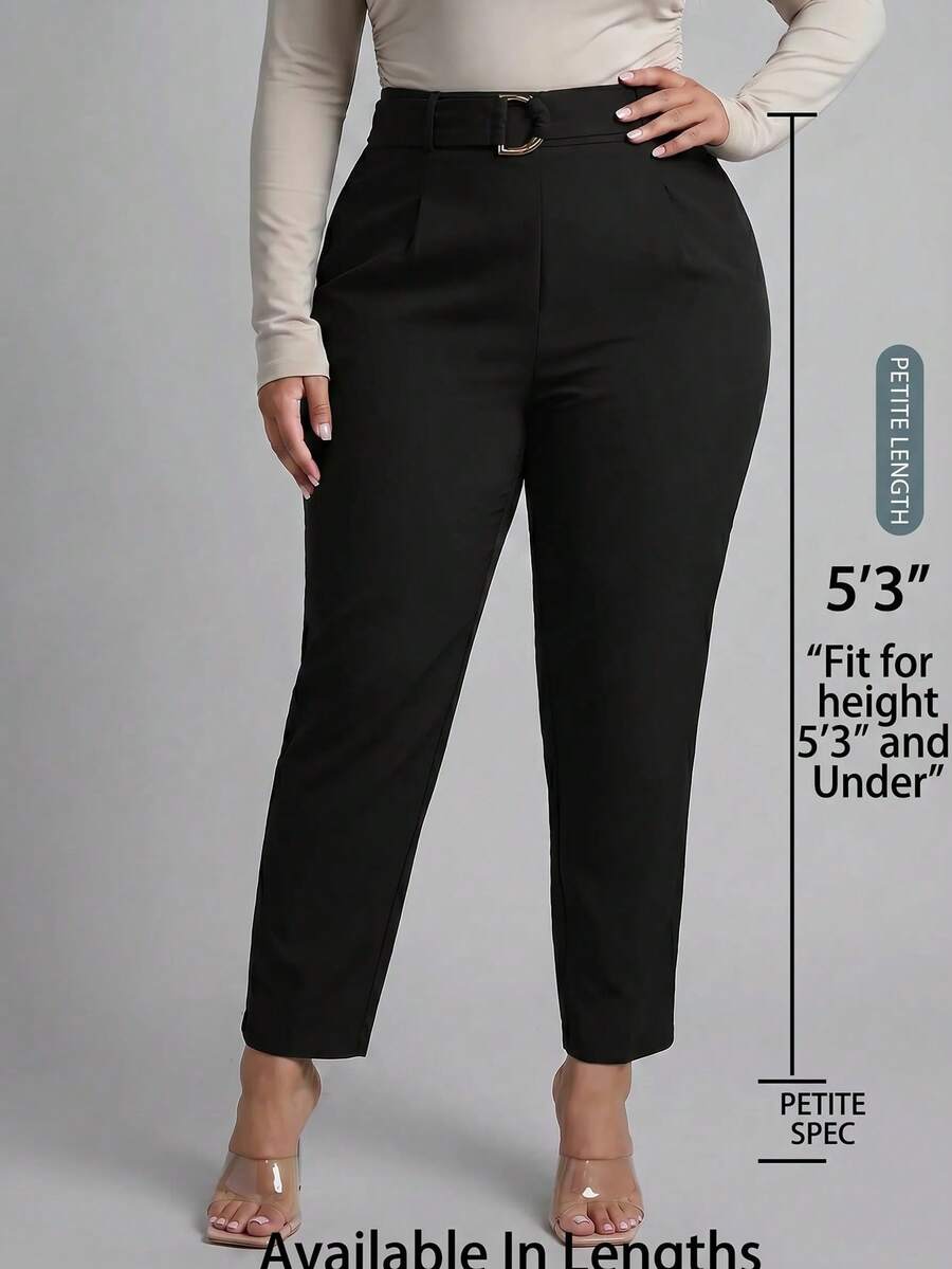 SHEIN PETITE CURVE Plus Size Solid Color Minimalist Pleated Summer Casual Versatile Long Pants - Black - View 1