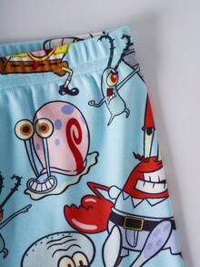 SpongeBob SquarePants | SHEIN 男嬰卡通印花上衣與短褲套裝 貼身居家休閒服 - 藍色 - 查看 5