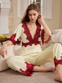 Moireta Women's Mature Elegant Bedroom Glossy Satin Patchwork Contrast Color Eyelash Lace Mid-Sleeve V-Neck Long Pants Pajama Set - Champagne - View 6