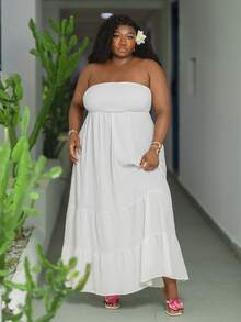 CurvyTilda Vacation Casual - Plus Size Green Solid Color Spring Style Strapless Dress,Summer Dresses For Women,Maxi Dress White Elegant - White - View 4