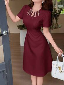 Feyla Chic Maroon A-Line Cocktail Dress For Women Featuring Intricate Pearl Neck Detailing And Flattering Short Sleeves - Burgundy - View 5