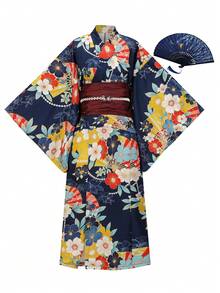 Irokai 日式傳統和服深藍色花卉圖案女款改良兩件式浴衣套裝 - 彩色 - 查看 3